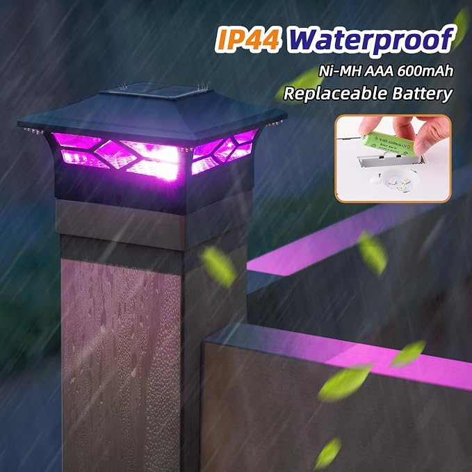 APONUO Solar Post Cap Lights with 8 RGB Colors and Multicolor Flow, Ultra-Bright Clear Lens, IP65 Waterproof for 4x4 5x5 6x6 Wood & Vinyl Fence Posts, 4 Pack Black