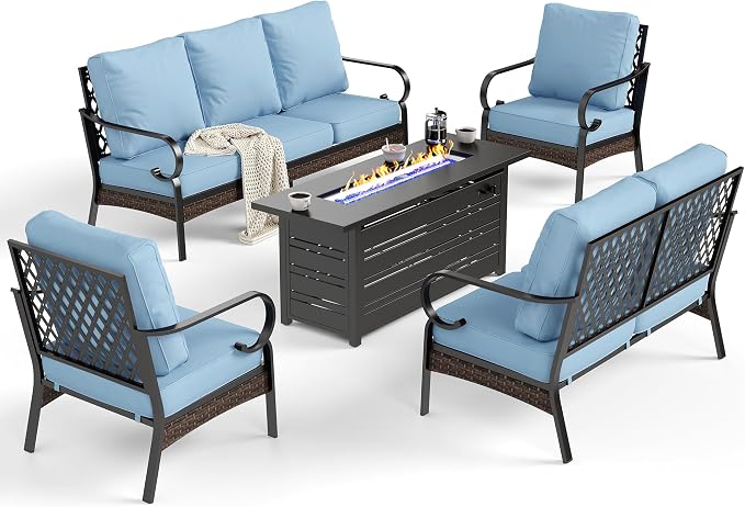 SUNSHINE VALLEY 6 Piece Black Metal Outdoor Patio Furniture Sets with Firepit Table, Patio Conversation Sets 1 3-Seater Sofa, 4 Single Sofa with 5.75" Extra Cushion Backyard Furniture for Deck, Blue