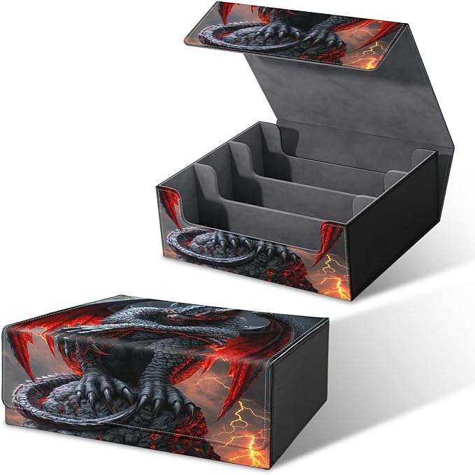 Large Card Deck Box for MTG, Fits 1200+ Sleeved Cards, PU Leather Storage Case with Strong Magnetic Closure, Multiple Colors for TCG CCG Baseball Card Collections, Red-Winged Dragon
