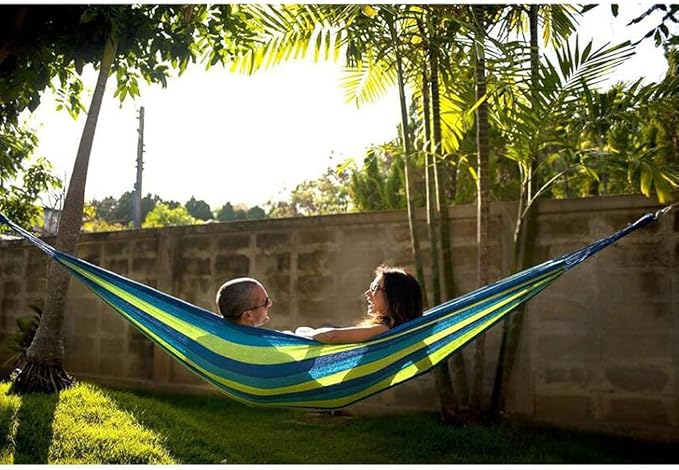 Camping Hammock,Portable Garden Hammock,Extra Long and Wide Brazilian Hammock Canvas Cotton Hammock with Carrying Bag for Patio Yard & Backyard &Porch & Outdoor/Indoor (Blue & Green Strip)