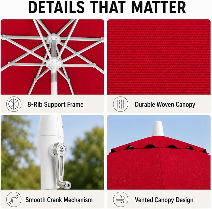 Treasure Garden 9ft Patio Umbrella - Outdoor Furniture Market Umbrella – Deluxe Auto-Tilt – White Aluminum Frame (Sunbrella, Jockey Red)