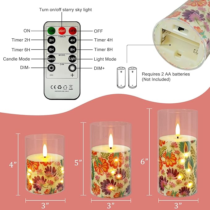 Flickering Flameless Candles, Recessed String Light LED Candles 3D Wick Acrylic Battery Operated LED Pillar Candles with Remote and Timer for Modern Simple Home Decor Set of 3(Floral Printed)