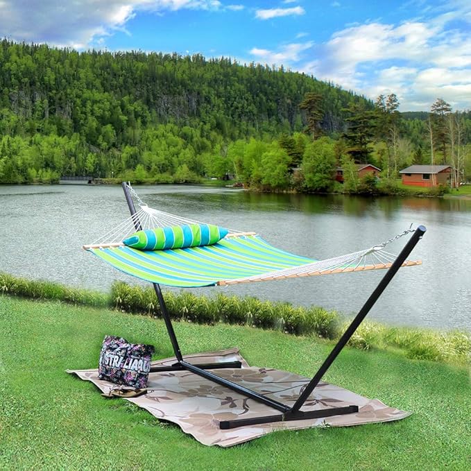 2 Person Outdoor Hammock with Curved Spreader Bar, Heavy Duty Hammock with Stand for Outside, Hamacas para Adultos with Pillow, Amacas for Garden, Backyard, Pool, Beach, Green Stripe