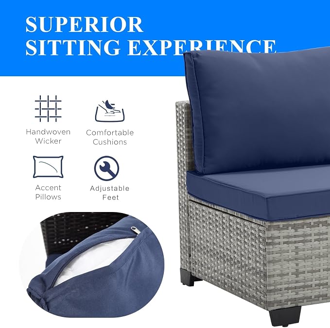 7-Piece Outdoor Patio Furniture Set, Grey PE Rattan Weaving Sofa with Navy Blue Cushions and Steel Frame, Coffe Table Included, Outdoor Conversation Set for Balcony, Porch, Backyard