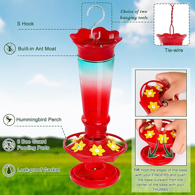 Gbekery Glass Hummingbird Feeders for Outdoors Hanging Ant and Bee Proof Red & Blue 10OZ 2Pack Bird Feeders for Outside Hanging 6 Feeding Stations Bird Nectar Feeder for Garden Yard Décor Gift for Mom