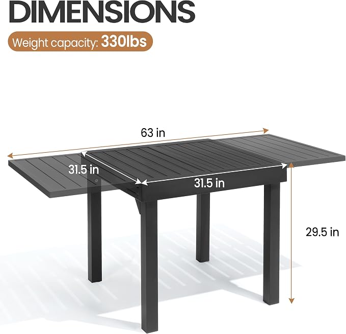 31"-63" Extendable Outdoor Dining Table Black Aluminum Expandable Patio Dining Table for 4-6 People All-Weather Extending Dining Table for Backyard Lawn Garden(Only Table)