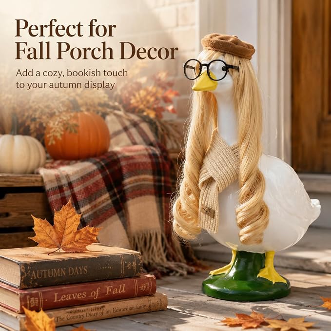 Back to School Bookish Porch Goose Outfit with Goose Blonde Wig 1 Pack Fall Academia Preppy Porch Goose Accessories for 17" & 23" Lawn Goose Statues