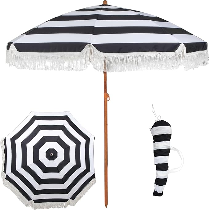 6 Ft Fringe Patio Umbrella - Outdoor Umbrella for Patio, Pool, Table, Garden, Deck, Beach, and Outdoors - Fashionable Boho Vintage Tassels & Wood Print - Push Button Tilt Pole