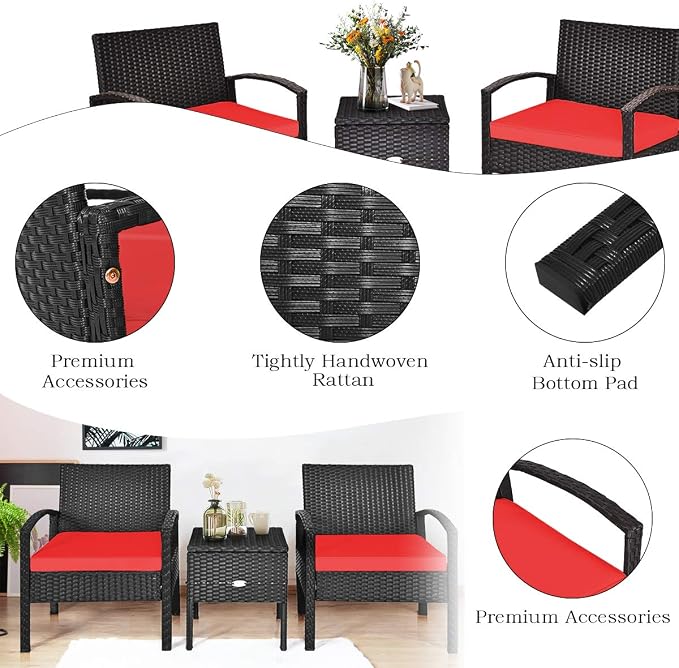 Tangkula 3 Pieces Patio Wicker Conversation Set, Outdoor Rattan Furniture with Washable Thick Cushion & Coffee Table w/Storage Space, Patio Furniture Set for Backyard Porch Garden Poolside (Red)