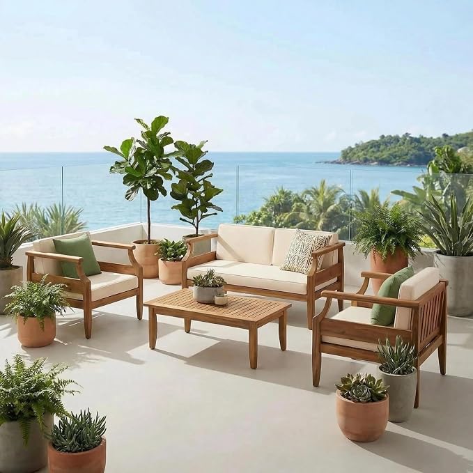 Patio Furniture Set-Single Chair, Outdoor Sectional Furniture with Armrests and Thick Washable Cushions, All-Weather Patio Conversation Set for Backyard, Garden and Poolside, Beige(Series E)