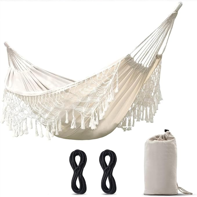 Large Boho Brazilian Macrame Fringe Double Hammock Swing for 2 - Perfect Outdoor/Indoor Patio, Camping, Travel, Bedroom, Backyard - Cozy White Design