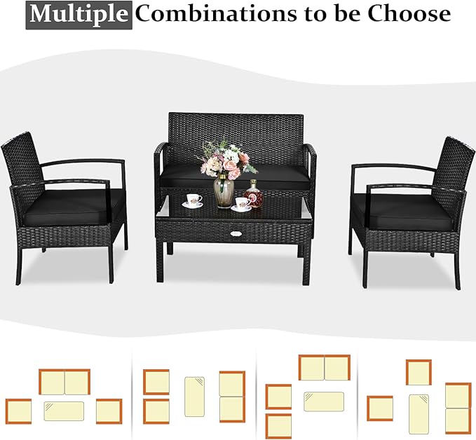 HAPPYGRILL 8-Piece Patio Conversation Set Outdoor Rattan Wicker Sofa & Coffee Table Furniture Set for Patio Garden Poolside