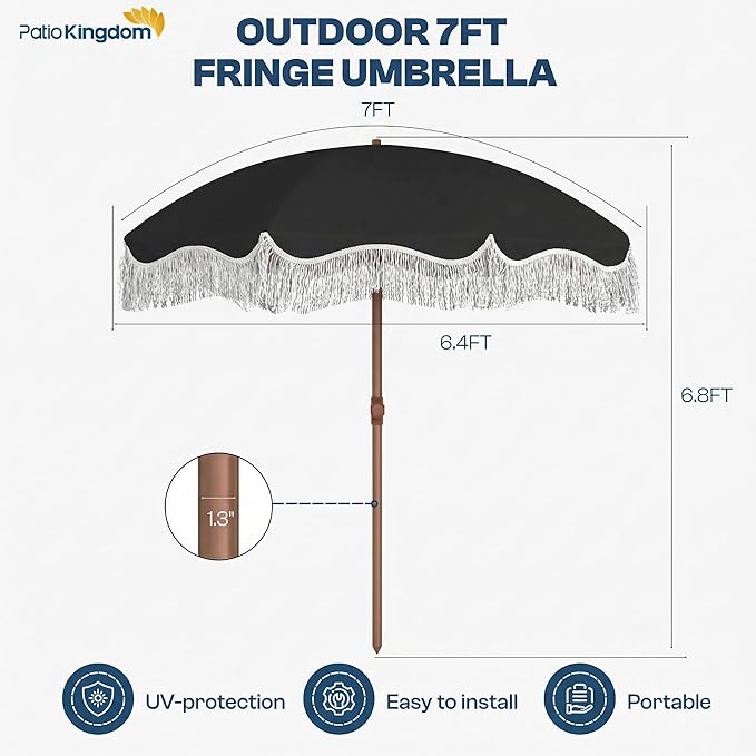 7ft Patio Umbrella with Fringe, Boho Beach Umbrellas, Outdoor Tassels Umbrellas with Push Button Tilt & Carrying Bag, 8 Windproof Fiberglass Ribs, UPF50+
