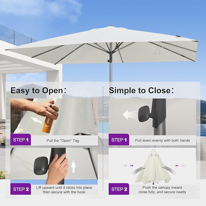 PURPLE LEAF Commercial Grade 10 x 13 FT Heavy Duty Rectangle Market Umbrella Semi Auto Open All Weather Wind Resistant Reinforced Aluminum Frame Outdoor Patio Umbrella for Restaurant Hotel Resort Cafe Poolside Business Use White