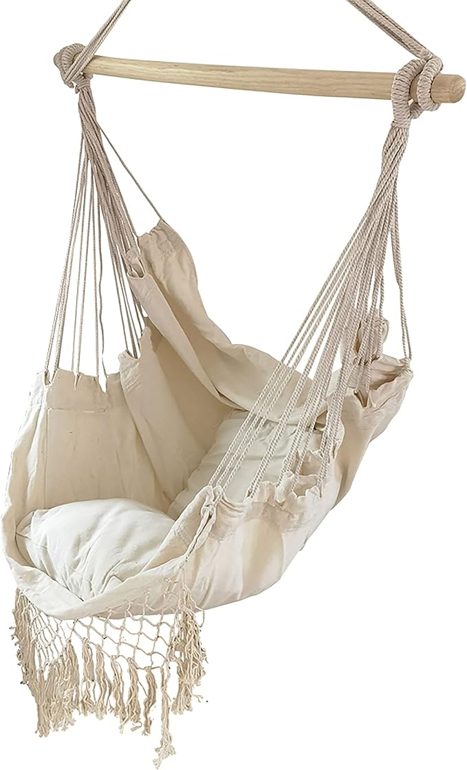 ALEKO Hanging Rope Swing Hammock Chair with Side Pocket and Wooden Spreader Bar, 2 Cushions and Hardware Kits Included, Max 440 Lbs Ivory HC01