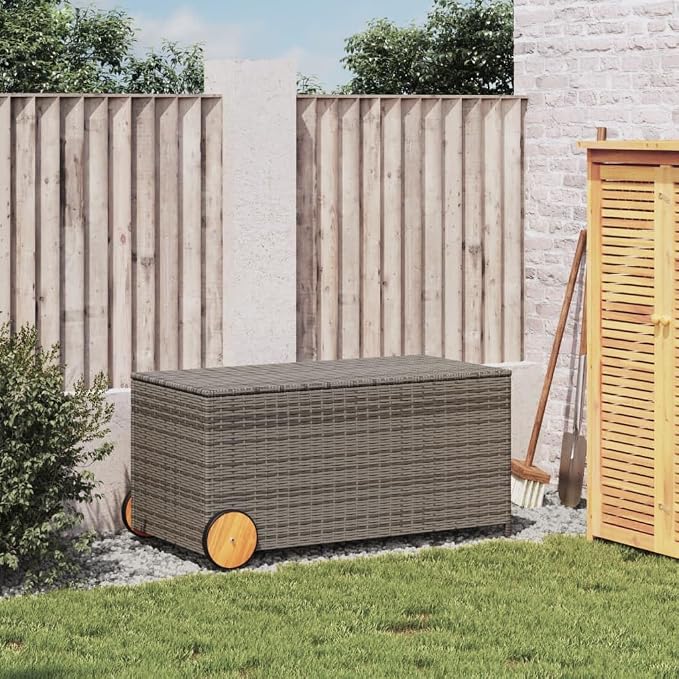Wicker Outdoor Deck Box with Wheels, 50.2 Gal Outdoor Storage Box with Lid, PE Rattan Storage Container for Pillows, Cushions, Gardening Tools, 42.1"x21.7"x19.7"/20.9" Gray