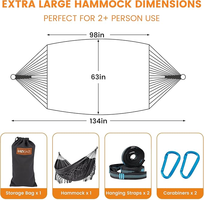 Lazy Daze Hammocks Extra Large Double Hammock, Portable Camping Hammock with Travel Bag & Tree Straps for Outdoor, Camping, Backyard, Patio, 550lbs Capacity, Dark Gray