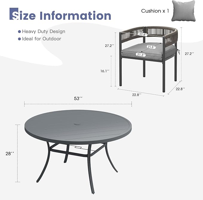VICLLAX Patio Dining Set, 53" Dark Grey Table & 6 Chairs with Grey Cushion | Outdoor Table and Chairs Set of Round Metal Patio Table, Outdoor Dining Chairs with Metal Frame, Garden Deck Porch