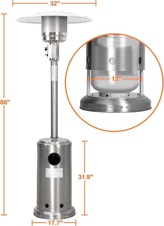 Nuu Garden Outdoor 46,000 BTU Stainless Steel Propane Gas Patio Heater with Wheels, Removable Stainless Iron Heater for Patio, Backyard, Garden, Porch, Silver