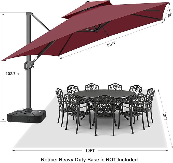 FLAME&SHADE 10 X 10 FT Cantilever Patio Umbrella - Large Square Offset Umbrella Outdoor Patio with 360-Degree Rotation and 3-Year Fade Resistance Fabric for Deck Pool Backyard Garden (Burgundy)