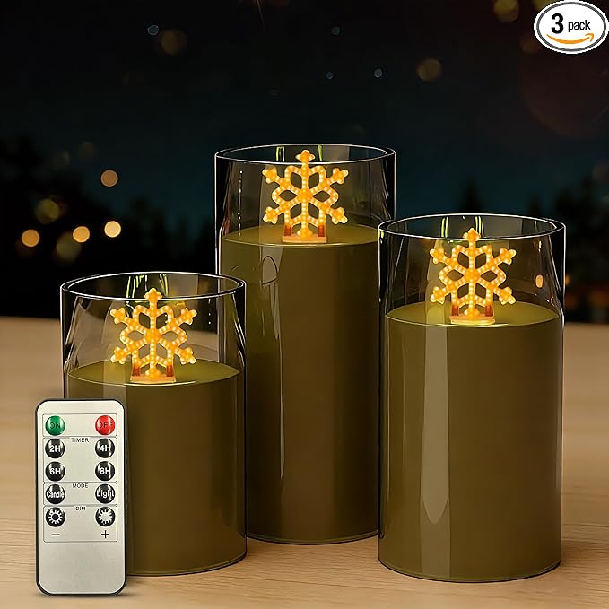 L LOHAS LED Electronic Candle Night Lights with Remote, 3-Pack Snowflake LED Flameless Candles, Battery Operated Flickering Night Light, 5 Brightness Levels & Timer, for Holiday Home Decor