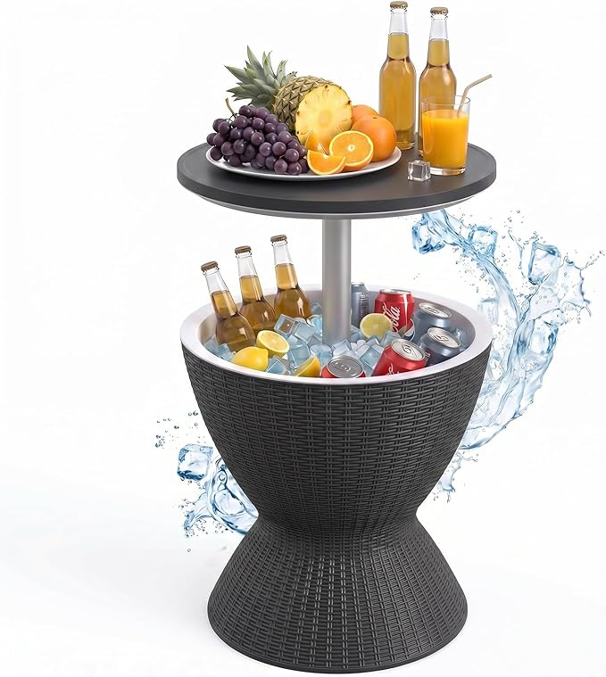 EFU Cooler Table, 8 Gallon Cooler Bar Table, Adjustable Height Multi-Functional Outdoor Cool Bar for Drinks Beer & Wine, with Drain Plug, Patio Furniture for Backyard, Pool, BBQ & Parties (Black)
