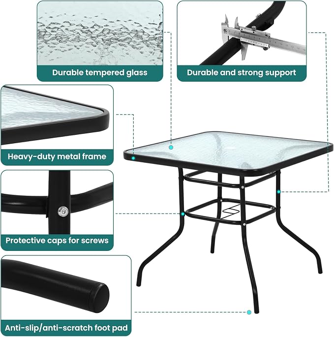 32'' Patio Bistro Table Square Outdoor Coffee Table, Square Tempered Glass Top with Umbrella Hole, Outdoor Dining Table for Balcony Backyard Lawn and Garden, Black