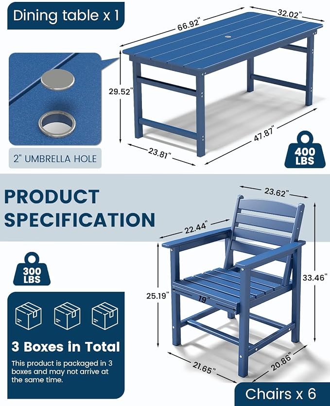 FOOWIN Outdoor Table and Chairs Set 7-Piece HDPE All Weather Patio Dining Set with Umbrella Hole,Outdoor Patio Furniture Dining Set for 6,Patio Kitchen Table Set for Garden,Backyard,Poolside Blue