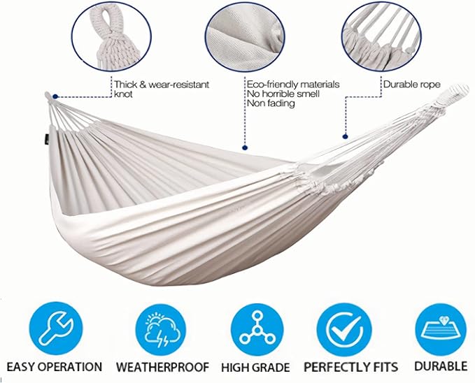 White Hammock Swing Bed,Single Person Cotton Fabric Canvas Travel Hammocks 500lbs Ultralight Camping Hammock Portable Beach Swing Bed with Carrying Bag for Outdoors and Indoors