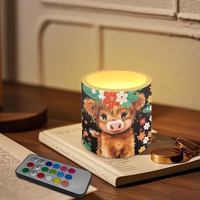 3 inch Flickering Color Changing LED Candles Set of 4 Floral Cute Highland Cow Print Flameless Eletric Pillar Candles with Remote Timer Control Home Decor