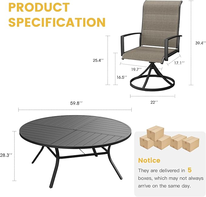 VICLLAX Patio Dining Set for 8, 8 Seats Outdoor Furniture Includes 59.9" Round Patio Table and Swivel Padded Chairs, Black Tabletop and Mixed Brown Fabric