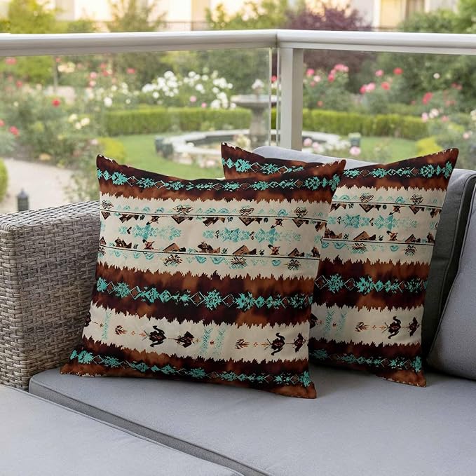 Western Aztec Outdoor Pillow Covers 26"x26" Set of 2, Brown Turquoise Tribal Ethnic Geometric Waterproof Throw Pillow Covers for Patio Furniture, Decorative Cushion Covers for Porch