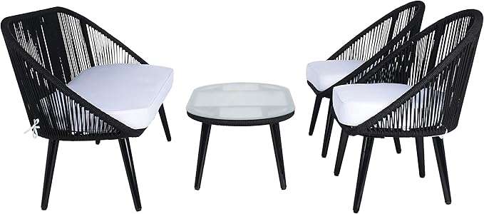 SAFAVIEH Outdoor Collection Halcott Black Rope/White Cushion 4-Piece Conversation Patio Set