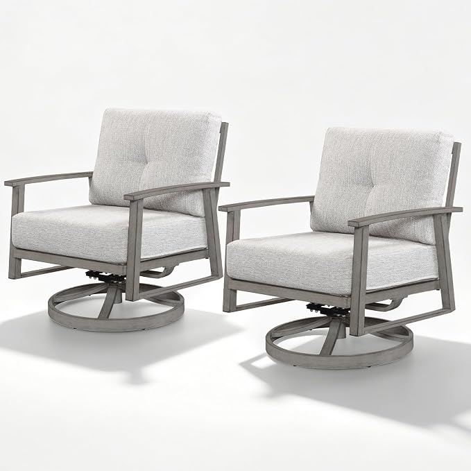 Swivel Patio Sofa Chairs Set of 2, Never Rusts All-Aluminum Outdoor Swivel Armchairs with Thick Cushions, Modern Outdoor Sofa Armchairs Swivel Patio Chair for Garden, Poolside, Lawn, Limed Oak