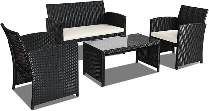 Goplus 4-Piece Rattan Patio Furniture Set, Outdoor Wicker Conversation Sofa with Weather Resistant Cushions and Tempered Glass Tabletop for Lawn Backyard Pool Garden (White(Black Wicker))