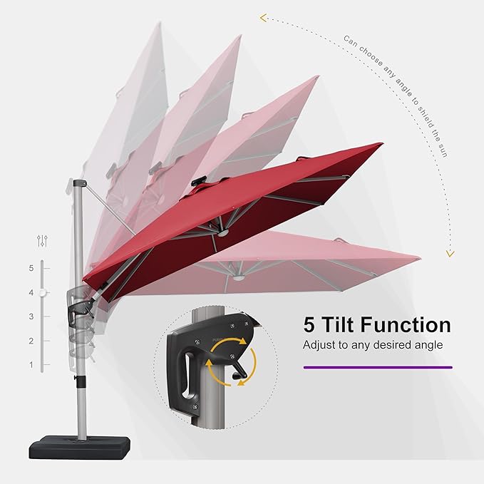 PURPLE LEAF 9' X 12' Patio Umbrella with Lights Outdoor Rectangle Cantilever Umbrella Solar Powered LED with 360-degree Rotation for Garden Deck Pool Patio, Terra