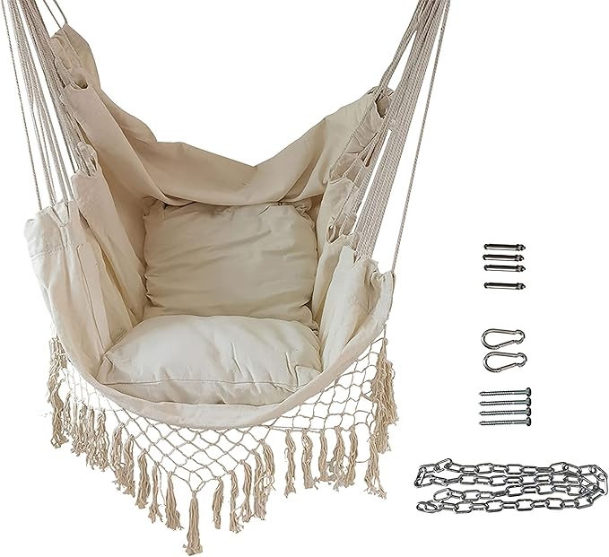 ALEKO Hanging Rope Swing Hammock Chair with Side Pocket and Wooden Spreader Bar, 2 Cushions and Hardware Kits Included, Max 440 Lbs Ivory HC01