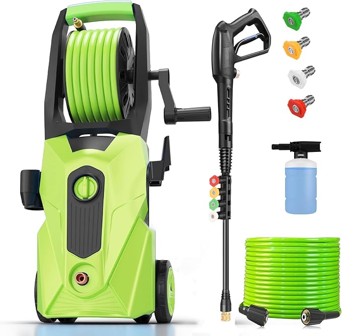 Electric Pressure Washer 5000PSI 2.8GPM Portable Power Washer with 33FT Hose Reel, 4 Nozzle Set for Home/Cars/Fences/Windows, Green