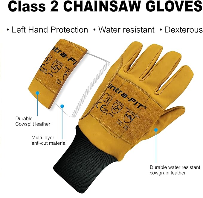 Chainsaw Gloves Saw Protection on Left Hand Back, EN ISO 11393-4, Cut-resistance Gloves Cow leather Palm