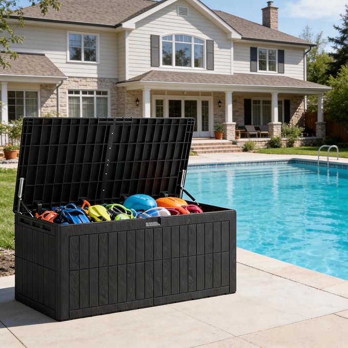 220 Gallons Large Outdoor Storage Box, Lockable Resins Deck Box, Lockable Deck Boxes for Patio, Poolside and Backyard
