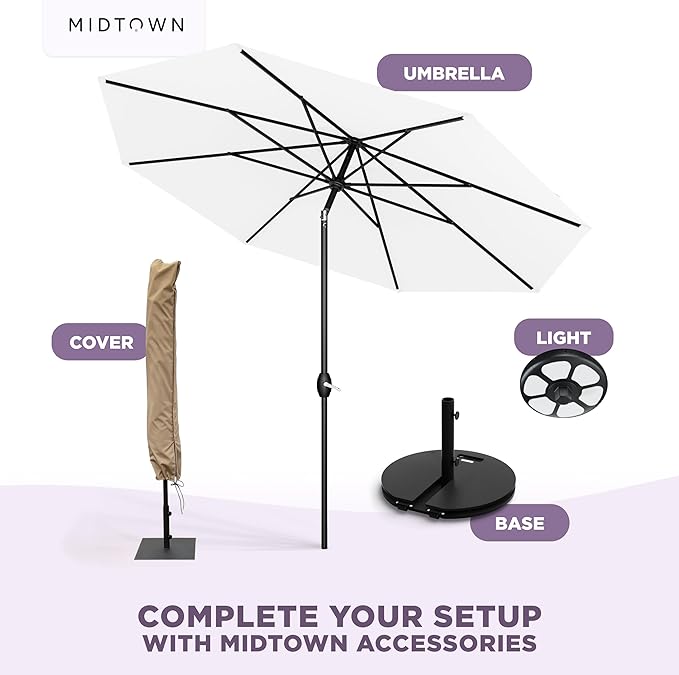 Midtown Umbrellas - 10-Year-No-Fade 9 Ft Patio Umbrella with Terylast Fabric, Auto-Tilt Aluminum Frame and 8 Reinforced Ribs for Deck, Pool, Garden & Beach - Ivory White Canopy, Black Pole