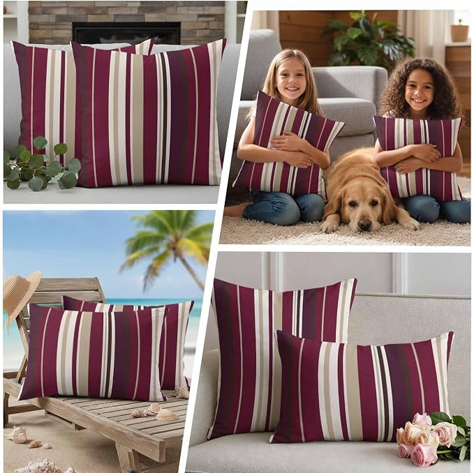 Outdoor Waterproof Throw Pillow Covers Set of 2 Red Striped Pillowcases 26x26 Inches Geometric Beige Stripes Decorative Pillows Cushion Case Patio Pillows for Couch Bed Chair Garden