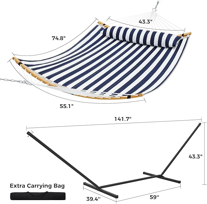SUPERJARE Curved-Bar Hammock with Stand, 2 Person Heavy Duty Hammock Frame, Detachable Pillow & Portable Carrying Bag, Perfect for Outdoor & Indoor, Denim Blue with White Stripes