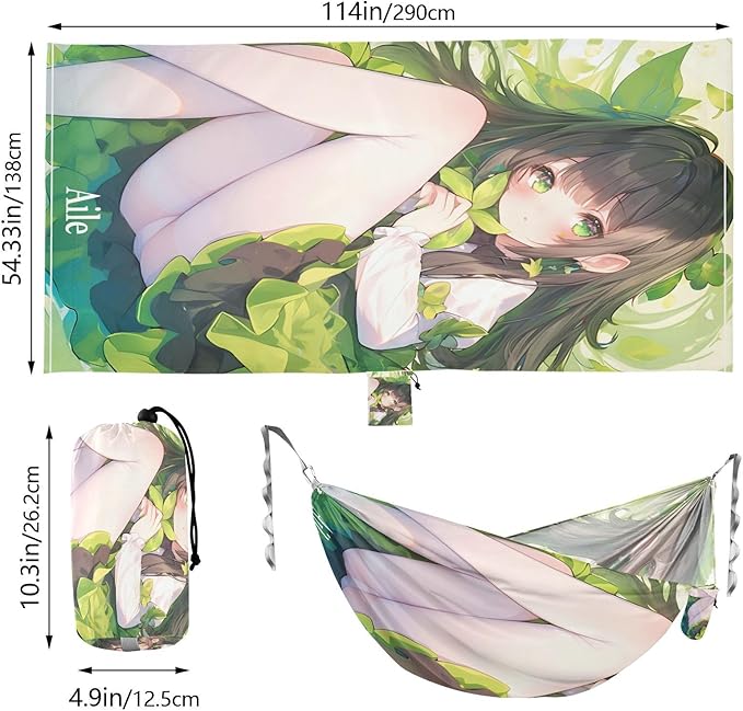 Anime Girl Green Art Print Outdoor Hammock with Tree Straps Cloth Hammock for Indoor Outdoor Patio