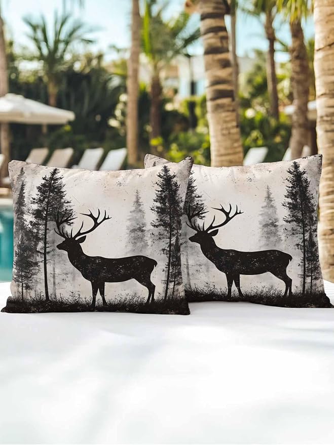 Outdoor Pillows Waterproof, Forest Deer Bedding Throw Pillows with Insert for Couch Sofa Bed, Rustic Country Wildlife Woodland Black Beige 16x16 Inch Pillowcases Camping Patio Pillow Set of 2
