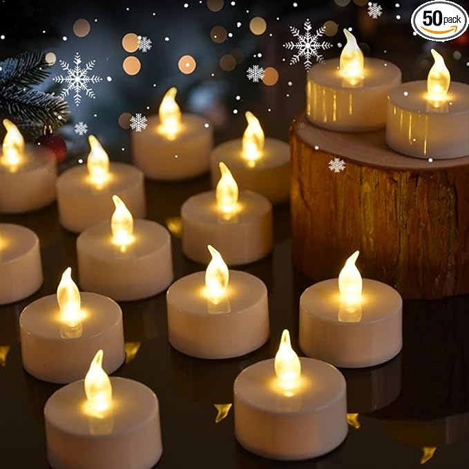 Tea Lights Flameless Candles, 50 Pack Warm Yellow Battery Operated Flickering Candles 200+ Hours Ideal for Home Decoration Outdoor Wedding Parties (50pack Warm Yellow)