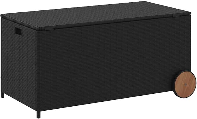 Benzara Saki Outdoor Storage Box, Rectangular Black Poly Rattan, Wood Wheels