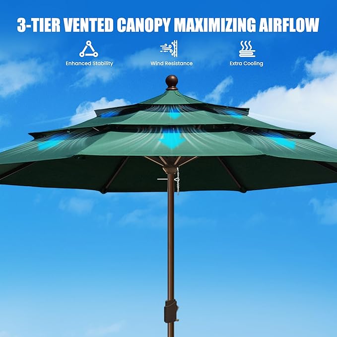 EliteShade USA 10-Year-Non-Fading 11ft 3-Tier Market Patio Umbrella, Commercial Grade Outdoor Table Umbrella with Crank Open, Windproof & UPF 50+ UV Protection, Heavy Duty Ventilation for Garden, Deck, Pool, Backyard, Beach & Bistro, No Tilt, Forest Green