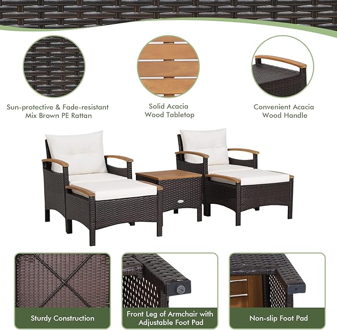 HAPPYGRILL 5 Pieces Patio Furniture Set Outdoor PE Wicker Lounge Chair and Ottoman Set with Cushions and Side Table with Acacia Wood Tabletop, Outdoor Conversation Set for Garden Poolside Backyard