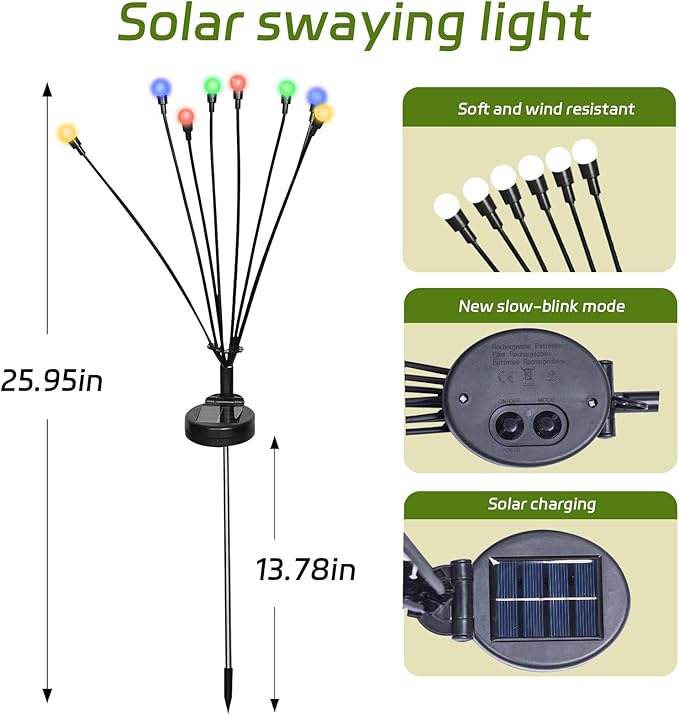 4 Packs Solar Firefly Lights, 32 LED Multicolor Solar Walkway Lights Outdoor, Waterproof Swaying Light Garden Decor with 2 Modes, Lawn Light for Front Yard Backyard Yard and Pathway